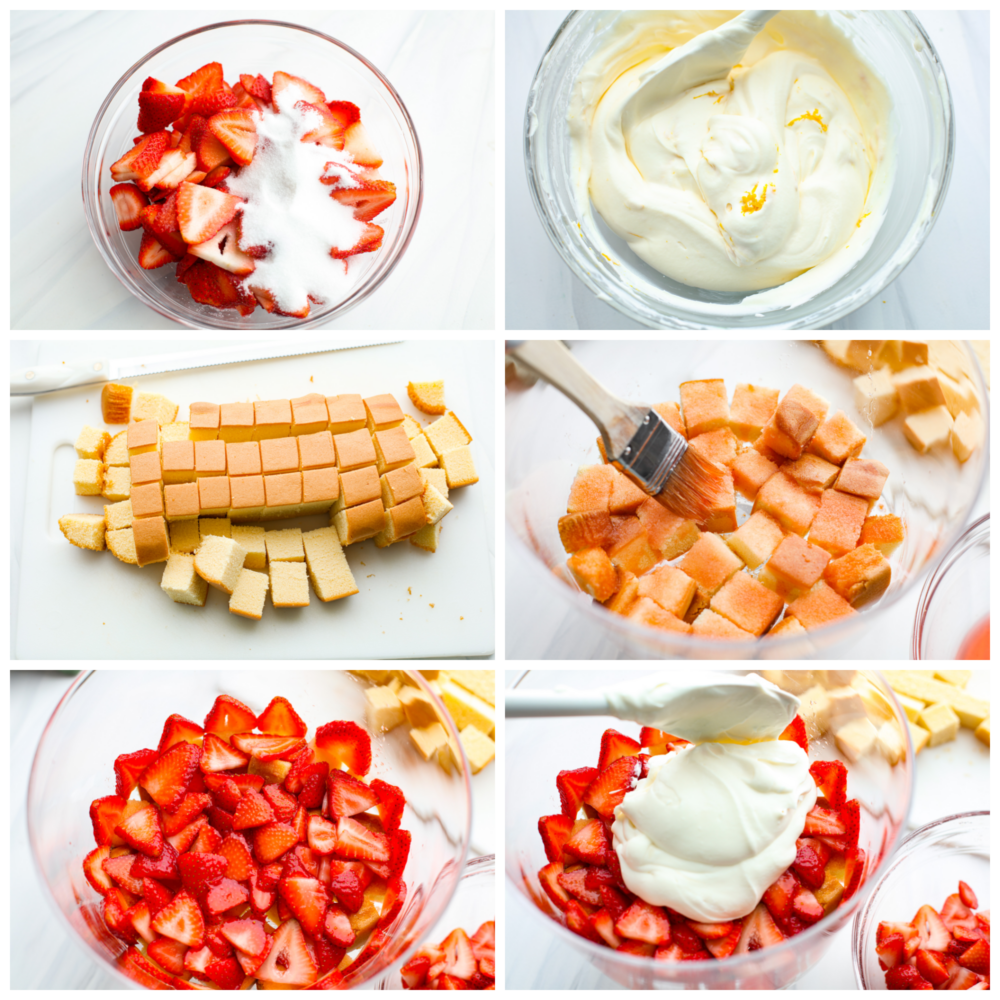 Get ready to dig into this amazing strawberry trifle! Layers of juicy strawberries, creamy cheesecake, and fluffy pound cake come together to create the ultimate summer dessert! 6-photo collage of the strawberries and cream cheese layer being prepared.
