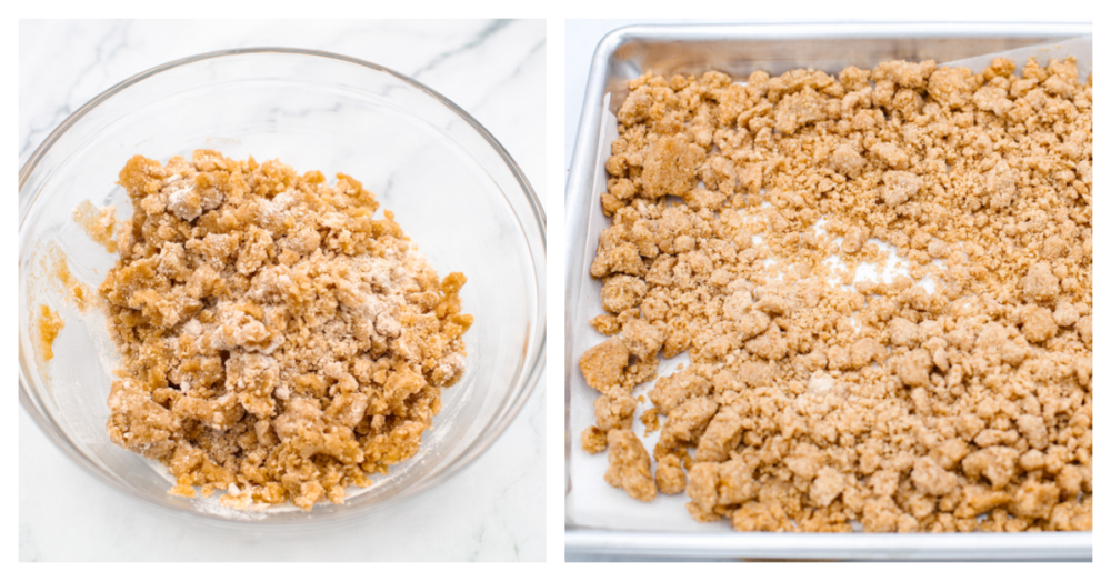 Elevate your treats with this easy Streusel Topping recipe! Whether you sprinkle it before baking or bake it separately for a sweet crunch, it's a tasty twist your baked goods will love! 2 pictures showing how to mix the streusel topping.