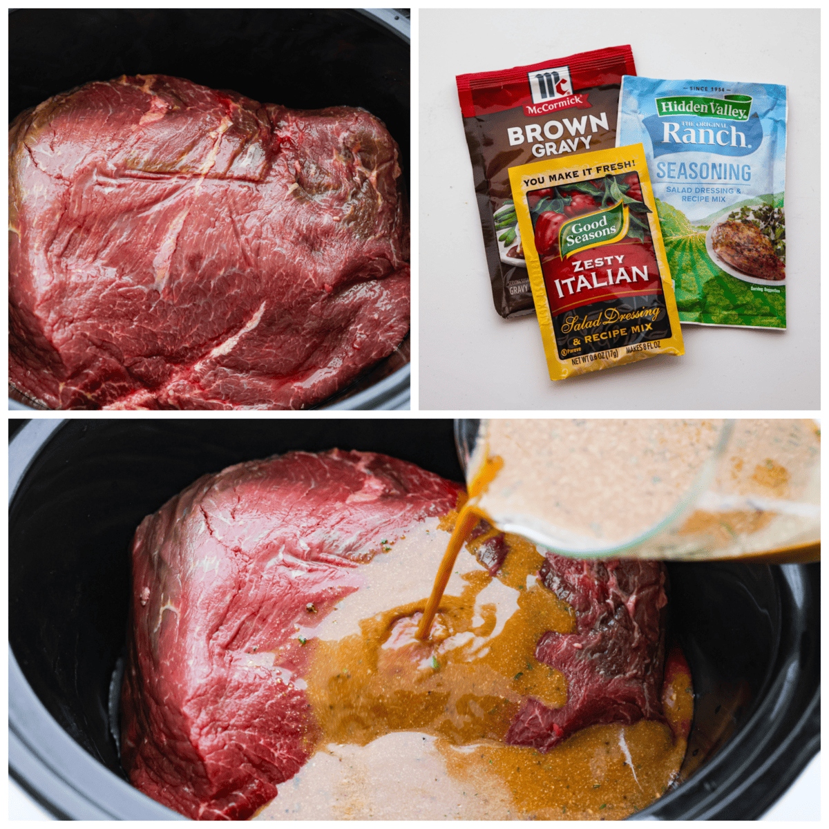 This 3 packet roast is my go-to for an easy but delicious Sunday dinner. Add brown gravy, Italian dressing, and ranch dressing powders to a slow cooker with your beef and then let it work its magic! It creates an ultra-tender, flavorful roast youโll love coming home to at the end of the day. 3-photo collage of the roast being prepared.