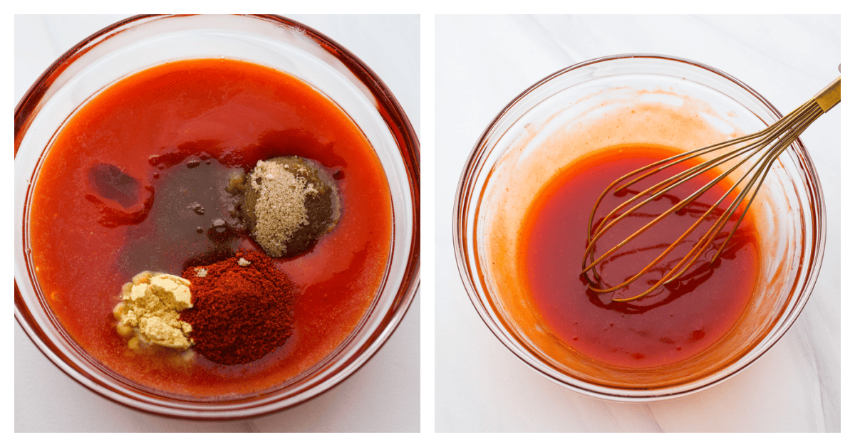 This copycat Chick-fil-A Polynesian sauce has the best kick of flavor! Itโs tangy, zesty, and sweet all at once. Grab some nuggets and get dipping! Ingredients being added to a glass bowl and whisked together.