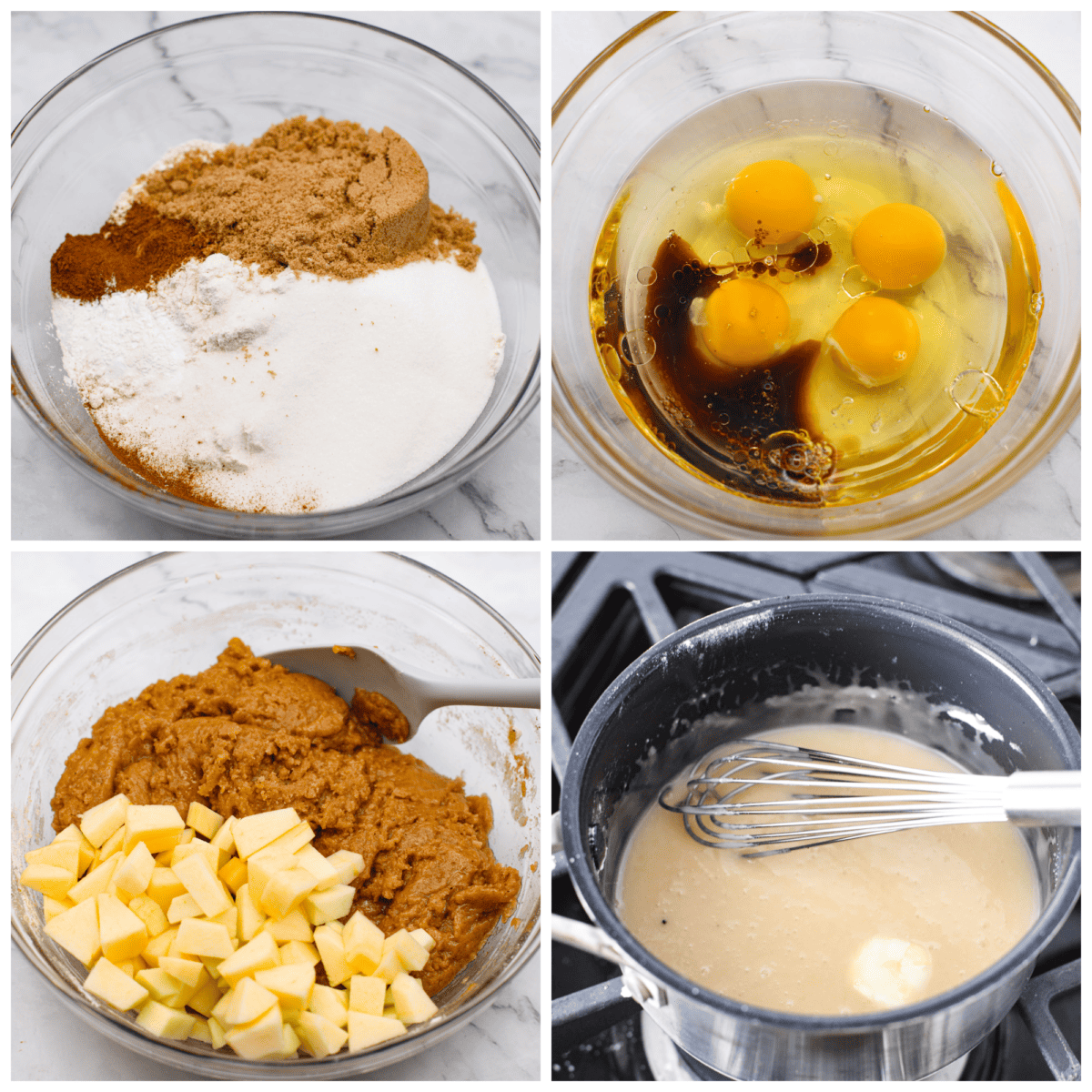 This deliciously sweet apple bread with hints of seasonal spices is a the perfect fall dessert. Each bite is packed with chunks of apple and hints of cinnamon and vanilla. Make this your new fall favorite indulgence. 4-photo collage of the batter and glaze being prepared.