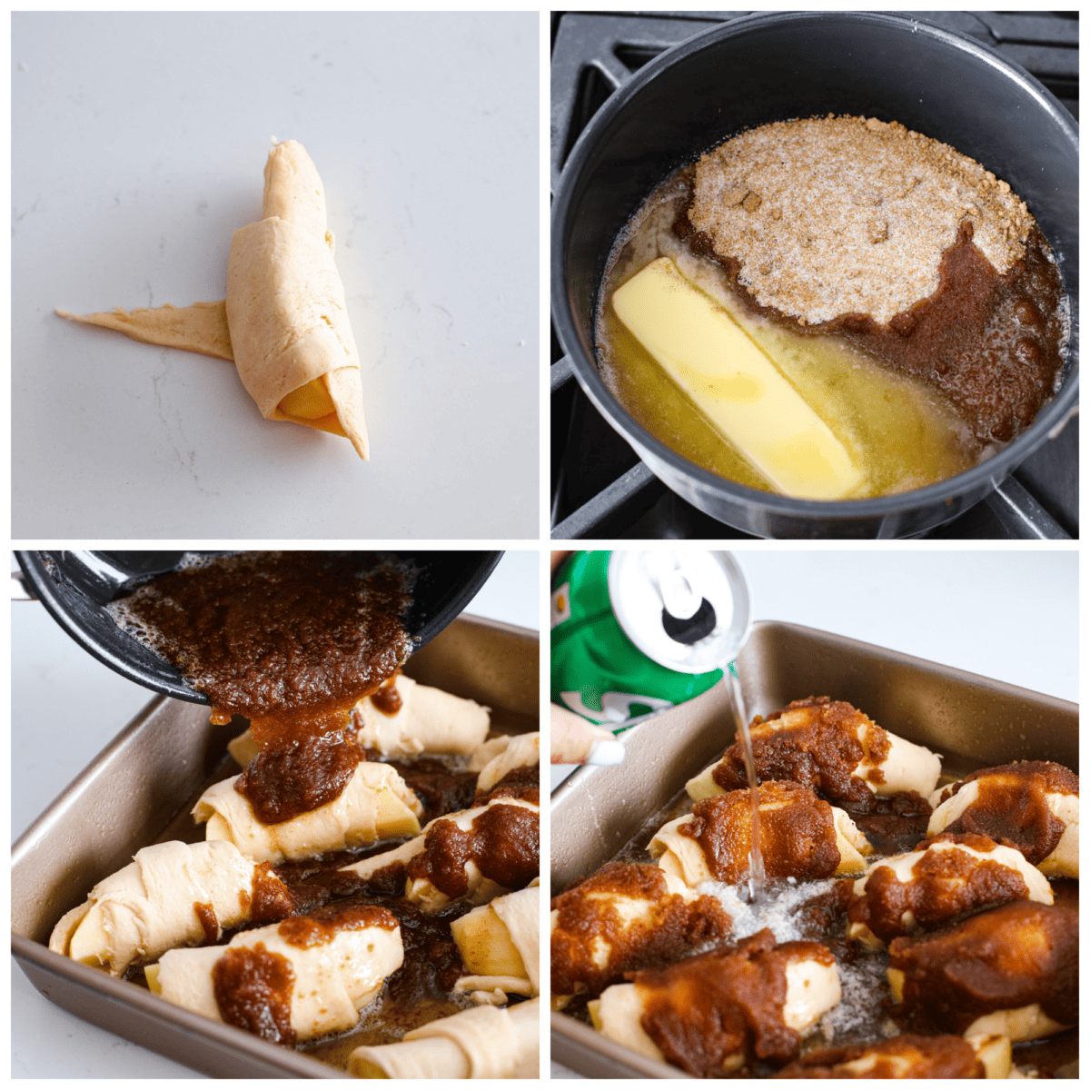 This semi-homemade version of apple dumplings is made with a delicious surprise ingredient! Apple slices get wrapped in crescent dough, smothered in a caramel sauce, then topped with bubbly canned Sprite. You won't believe how incredible this concoction is when it bakes up! First photo of an apple slice wrapped in crescent roll dough. Second photo of the butter, sugar, and spices in a saucepan. Third photo of the sauce pouring over the dumplings. Fourth photo of the sprite being poured around the dumplings in the pan before it bakes.