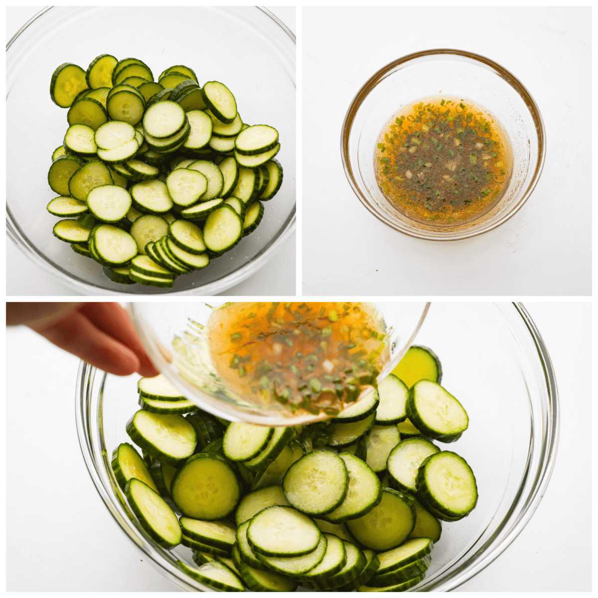 This delightful Asian Cucumber Salad is a blend of flavors creating a refreshing dish that's finished with a sprinkle of red pepper flakes and sesame seeds. It makes the perfect snack or side dish to complement any meal. 3 process shots showing how to mix the sliced cucumbers with the dressing.
