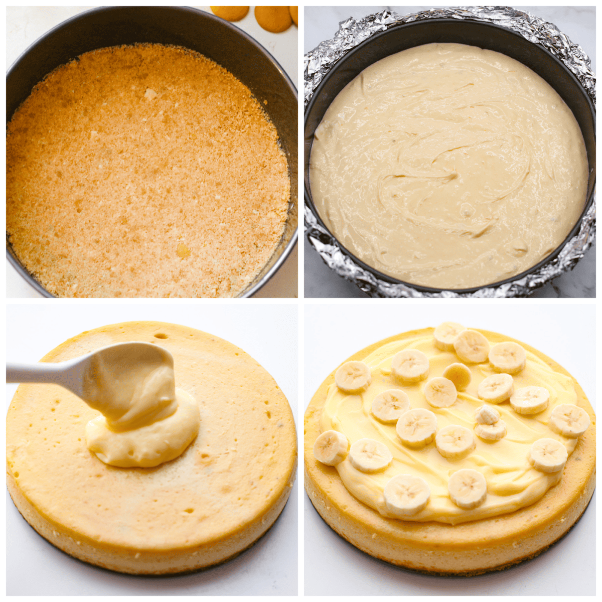 Get ready to enjoy a slice of pure dessert perfection with this Banana Pudding Cheesecake recipe. This yummy dessert has a buttery vanilla wafer crust, a velvety cream cheese filling with ripe bananas, and a classic banana pudding topping. 4 pictures showing the process steps to make banana pudding cheesecake.