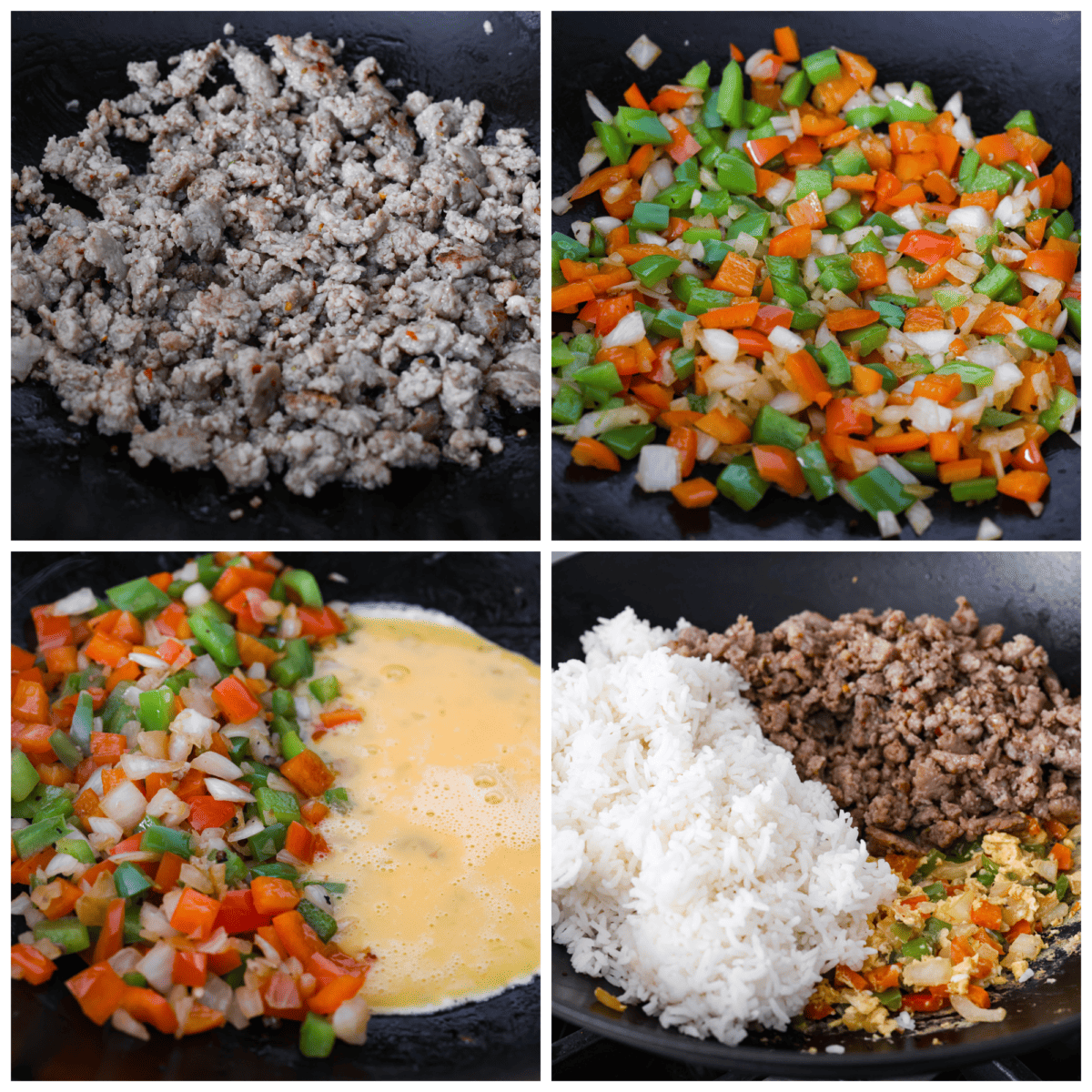 Upgrade your breakfast with this simple Breakfast Fried Rice. Sausage, eggs, and colorful bell peppers mix with white rice, all seasoned for a tasty kick. Top it off with green onions and everything bagel seasoning. 4 pictures showing how to cook the meat, veggies and eggs.