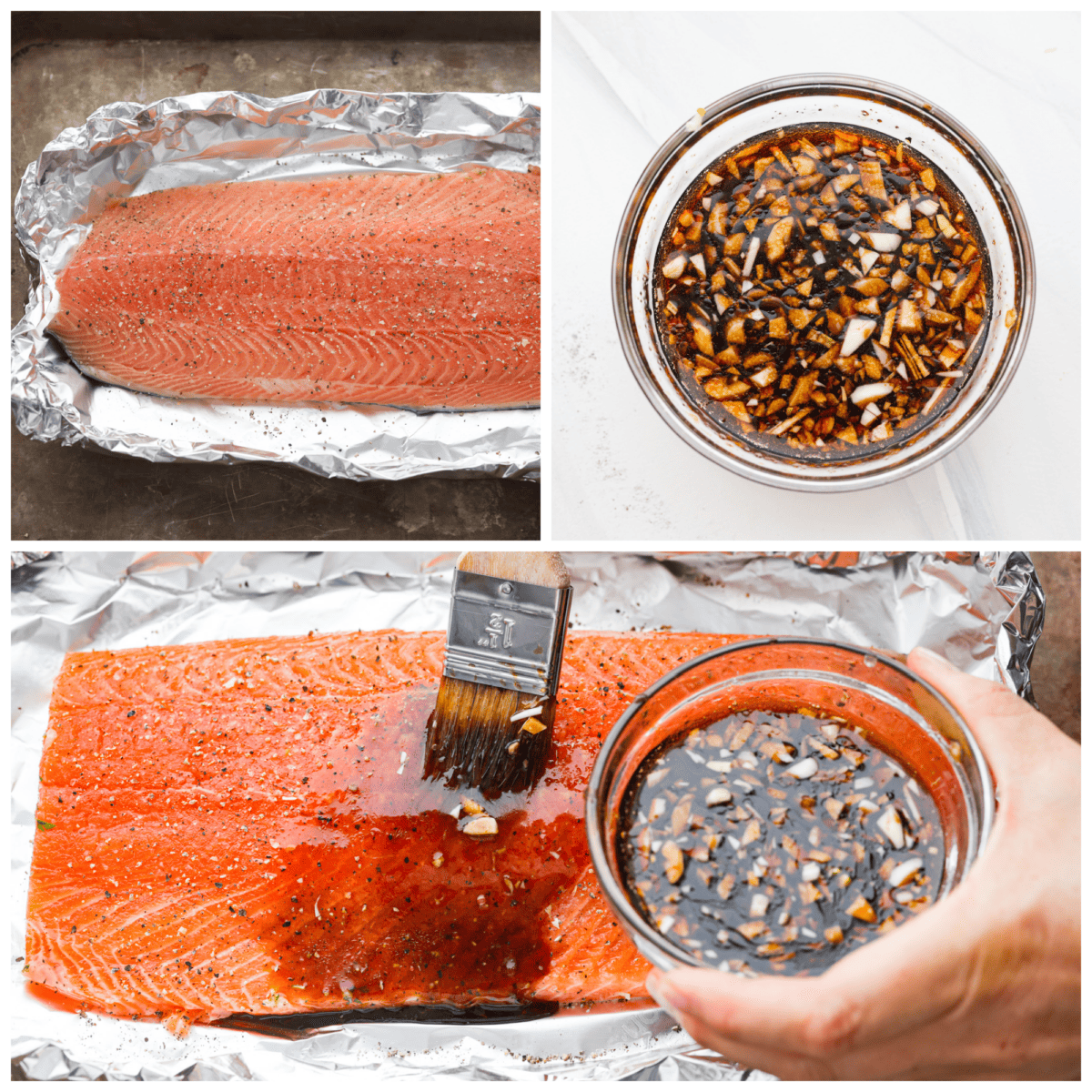 Garlic Brown Sugar Glazed Salmon is tender and flaky salmon covered in the most amazing garlic brown sugar soy glaze. The flavor is out of this world, and it will become a new family favorite! 3 photos showing how to baste the salmon with the garlic brown sugar glaze.