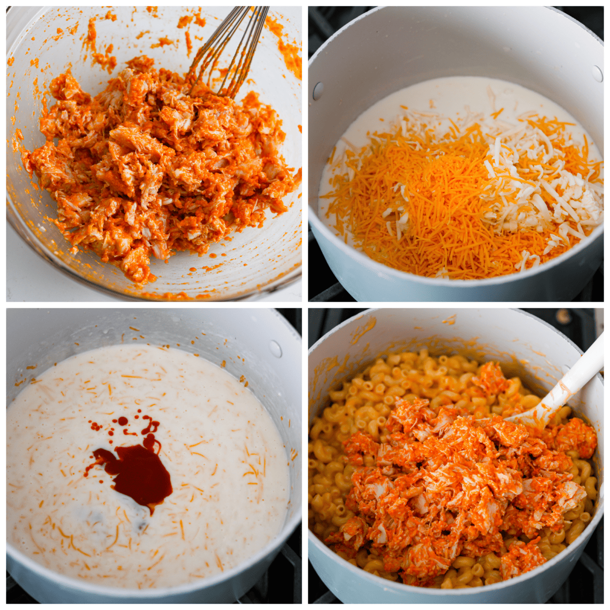 Mac and cheese gets a makeover with the addition of intense buffalo flavor! It's loaded with chicken and tender macaroni then tossed in a creamy cheese sauce. You will love this tasty version of buffalo chicken mac and cheese. First photo of chicken coated in buffalo sauce. Second photo of cheese and milk added to the pot. Third photo of hot sauce added to the pot. Fourth photo of buffalo chicken added to the pot of macaroni and cheese.