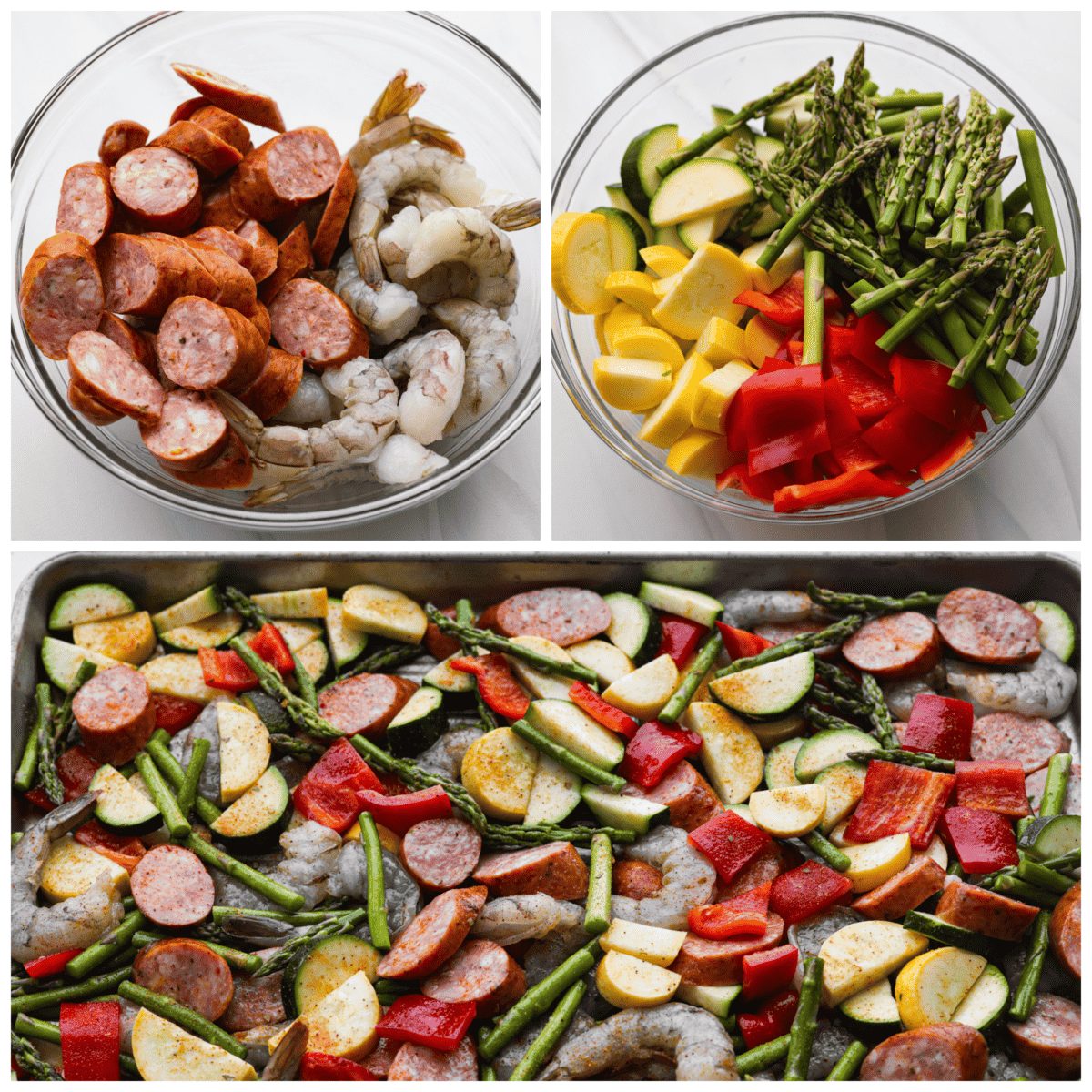 Cajun shrimp and sausage vegetable sheet pan is so incredibly easy that it makes a perfect weeknight meal! It's bursting with amazing Cajun flavor! This is a healthy and delicious one-pan dinner full of shrimp, sausage, and veggies. First photo of sliced sausage and raw shrimp in a bowl. Second photo of the vegetables cut in a bowl. Third photo of the ingredients seasoned with cajun seasoning and placed on a sheet pan ready to be baked.
