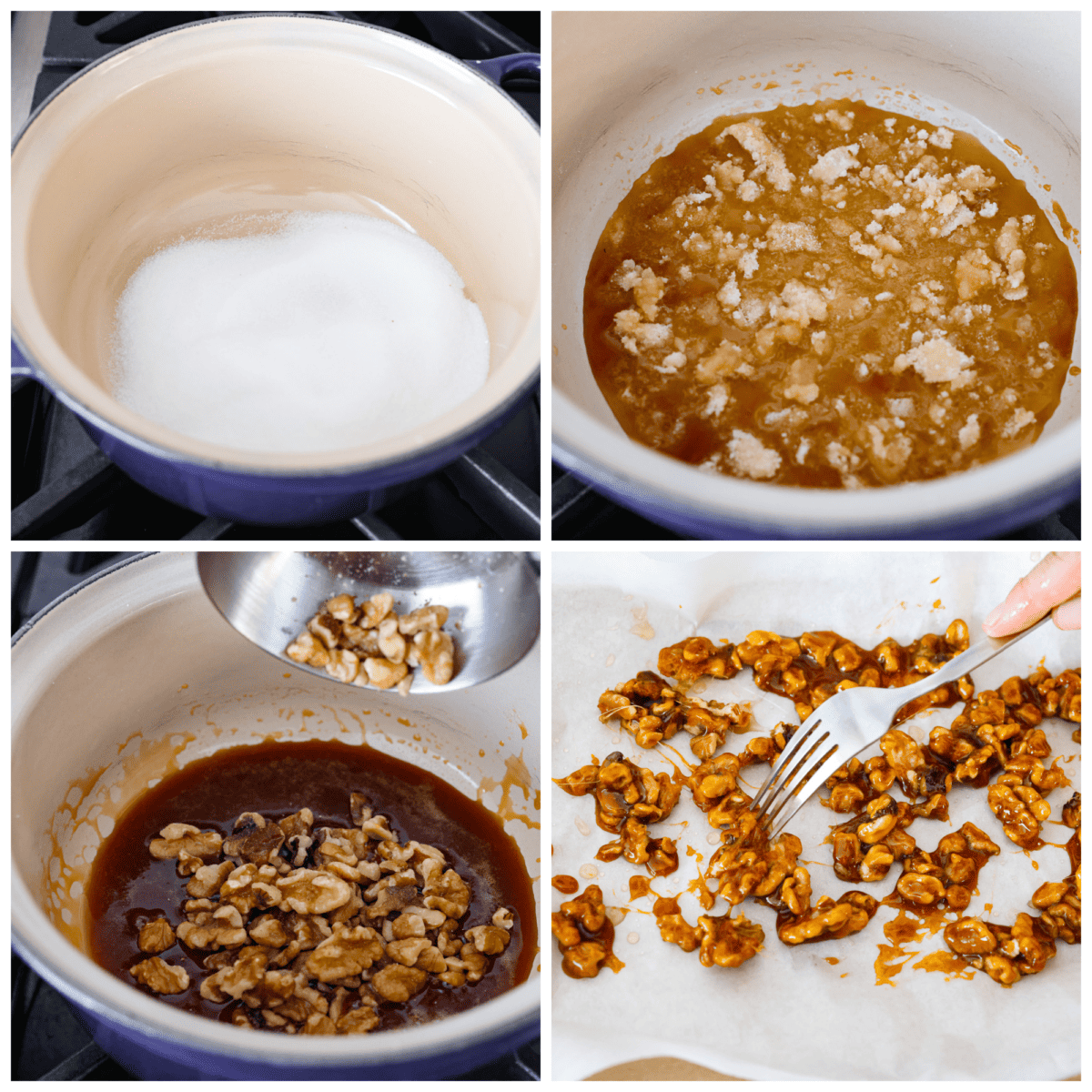 Elevate your food with these easy Candied Walnuts. With just sugar and walnut halves, these are a sweet and crunchy treat perfect for salads, desserts, or on their own as a delicious snack! A collage of 4 pictures showing how to melt down the sugar and add it to walnuts.