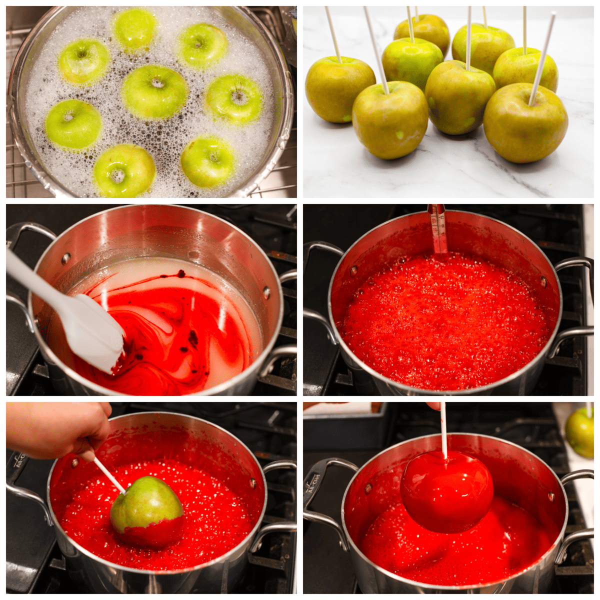 Fall is here, and that means itโs time to make a tasty batch of candy apples! Your favorite crisp apples coated in a glossy, red sugar mixture that almost looks too good to eat! 6-photo collage of apples being washed and prepped, then dipped in the candy coating.