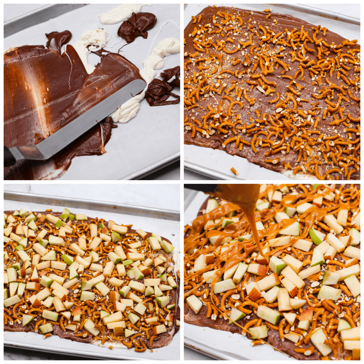 Meet your new favorite fall treat: caramel apple bark made with pretzels and a mix of white and dark chocolate! Itโs rich and sweet with the perfect crunch. One bite and youโll be hooked! 4-photo collage of the melted chocolate being spread on the baking sheet, then topped with pretzels, apples, and caramel.