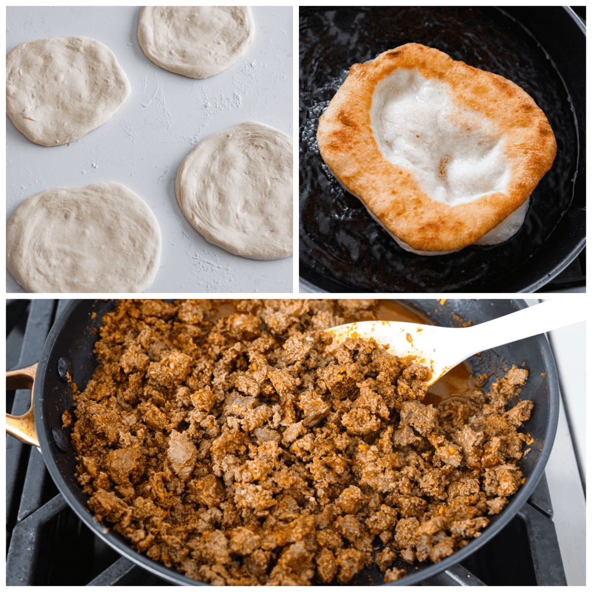 All your favorite taco fixings inside a warm, fluffy piece of fried bread! Homemade chalupas are a knockout dinner the whole family will go crazy over. Collage of the wraps being fried and the ground beef being browned in a skillet.