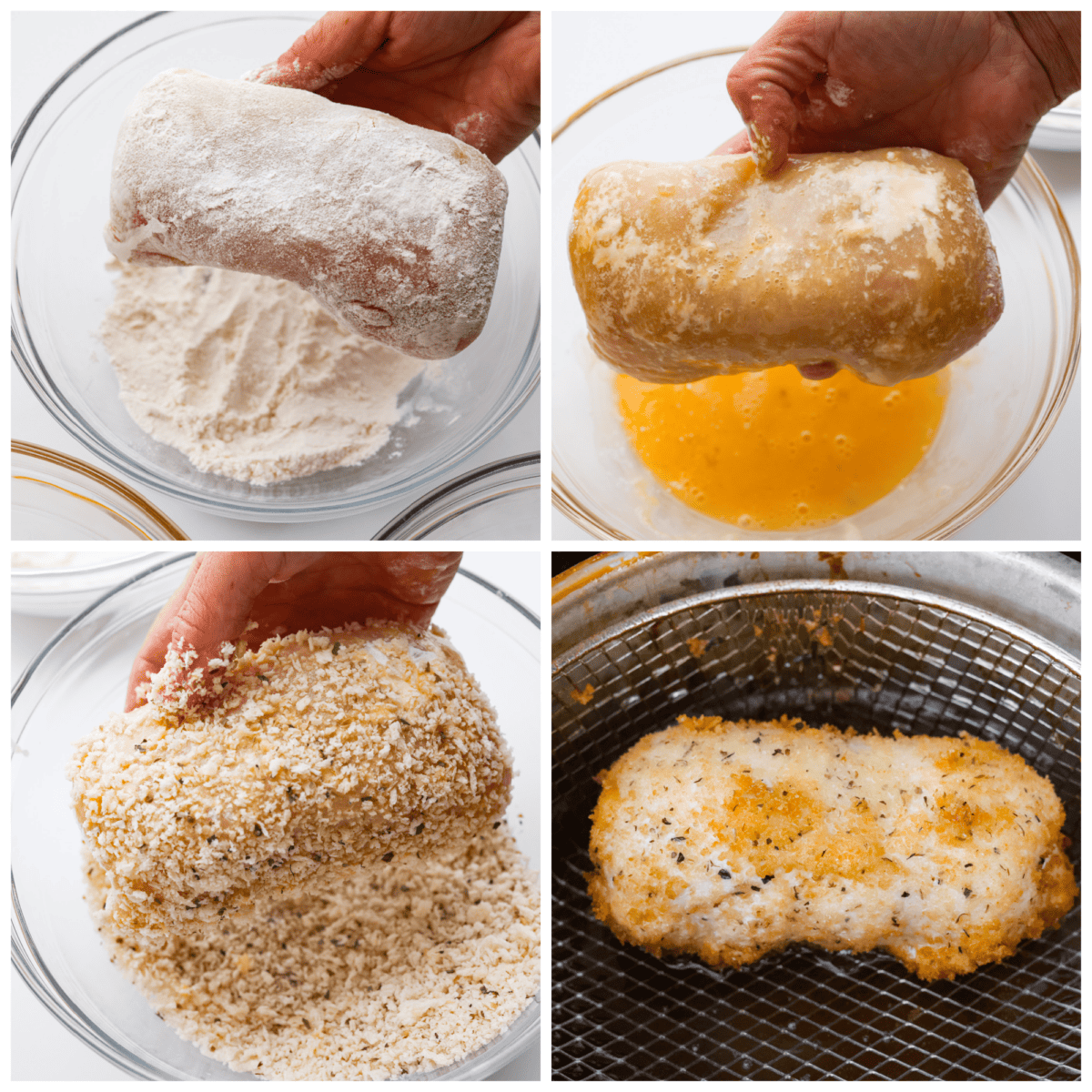 Level up dinnertime with this crispy Chicken Kiev! Each piece of chicken is filled with herby compound butter, then coated in bread crumbs and fried to create a golden crust. Crispy on the outside, extra moist and flavorful on the inside, this is the perfect dinner for any occasion. Dredging and frying each piece.