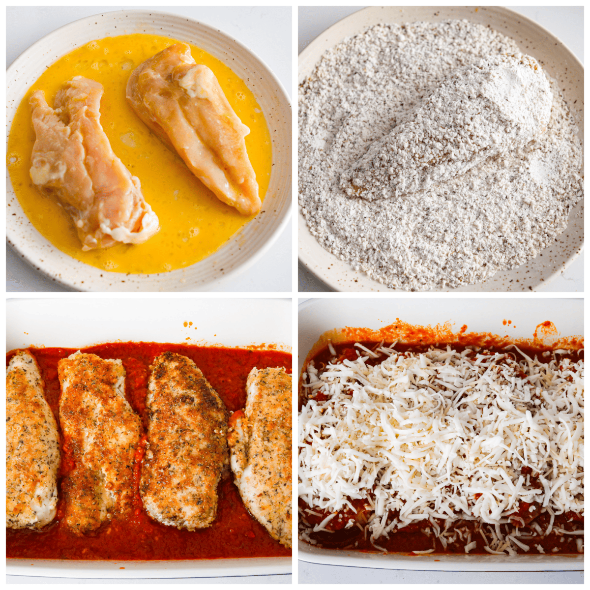 Herb-crusted chicken breasts coated in mozzarella, parmesan, and Italian seasoning, all smothered in homemade marinara sauce. Baked chicken marinara is simple, comforting, and oh-so-delicious! 4-photo collage of the chicken being breaded and added to a baking dish along with marinara sauce, mozzarella, and parmesan.