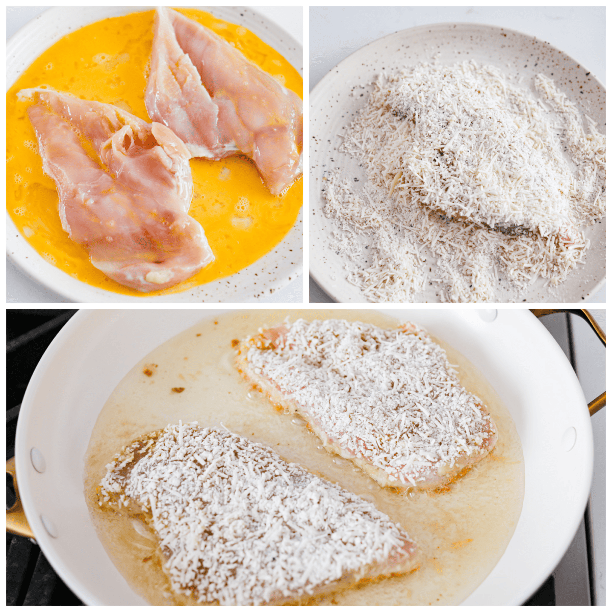 Romano-crusted chicken filets served with tangy marinara and spaghetti noodles. Chicken Romano is golden, crispy, flavorful, and sure to be your family's new favorite meal. 3-photo collage of the chicken cutlets being battered.