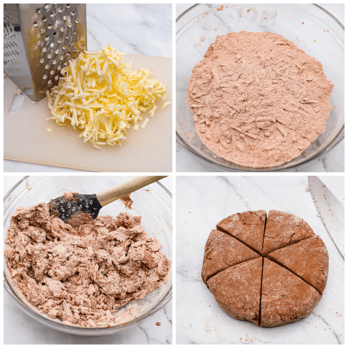 Soft, flaky, and drizzled with chocolate ganache, these homemade chocolate scones are the ultimate breakfast indulgence! Perfect for having alongside your morning coffee. 4-photo collage of scone dough being prepared.