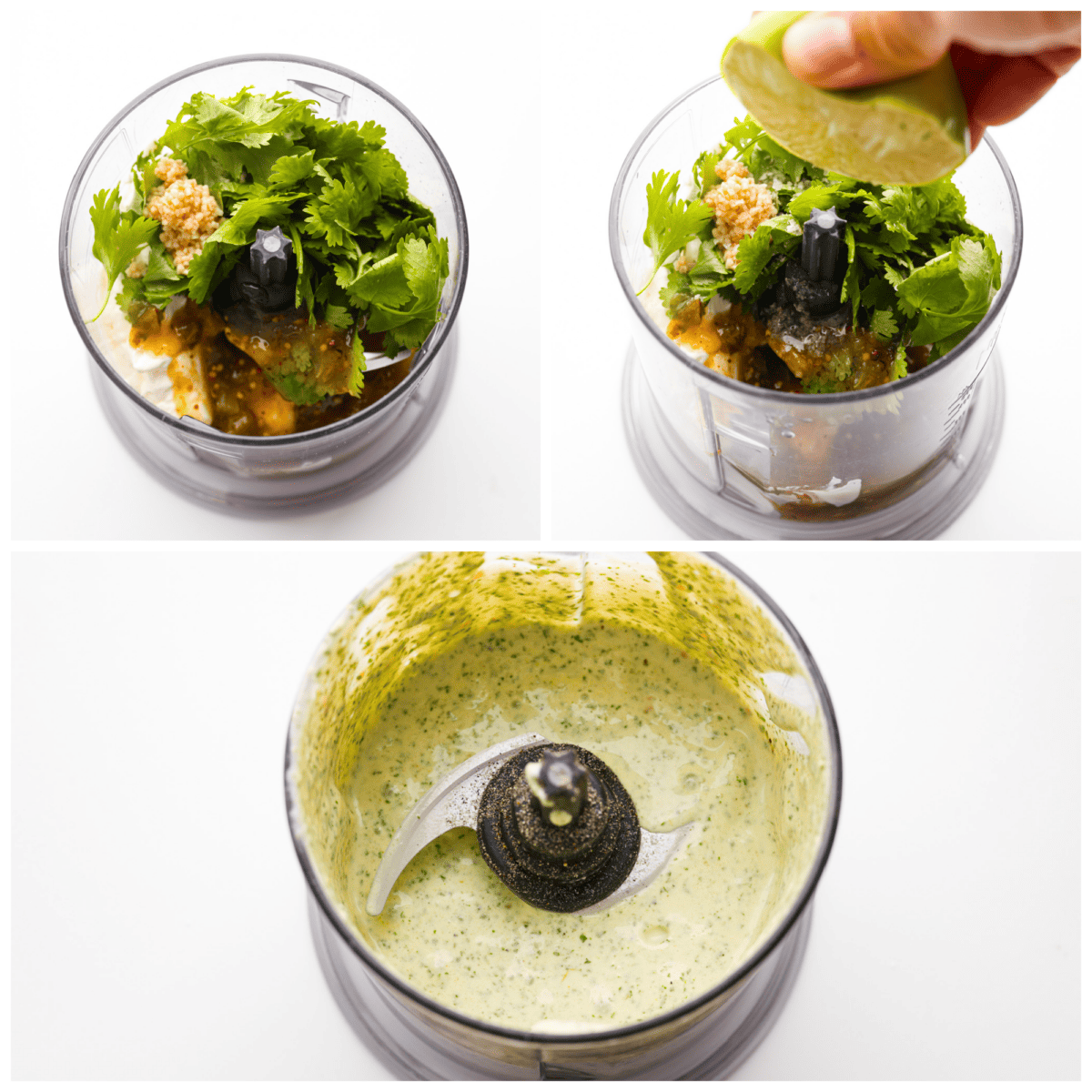 Once you taste this creamy cilantro lime sauce, you'll want to drizzle it on everything in sight! It's a tasty mix of sour cream, cilantro, salsa verde, lime juice, garlic, salt, and pepper. Perfect for grilled meats, salads, tacos, and more! 3-photo collage of the ingredients being added to a blender.