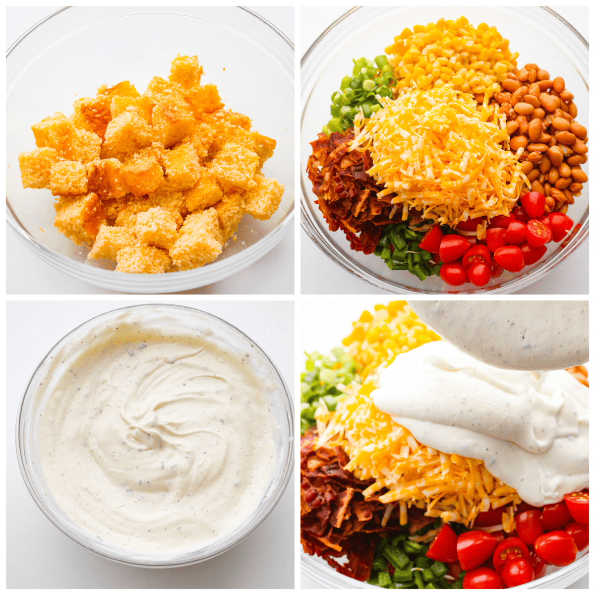 Tasty cornbread salad is a classic Southern salad bursting with comforting flavors. Sweet buttery cornbread gets tossed together with tomatoes, corn, pinto beans, bacon crumbles, green onions, and shredded cheese. A creamy ranch dressing perfectly marries these delicious salad ingredients together. First photo of cornbread cubes in a bowl. Second photo of the salad ingredients added to the bowl. Third photo of the dressing mixed in a bowl. Fourth photo of the dressing pouring on top of the salad ingredients.