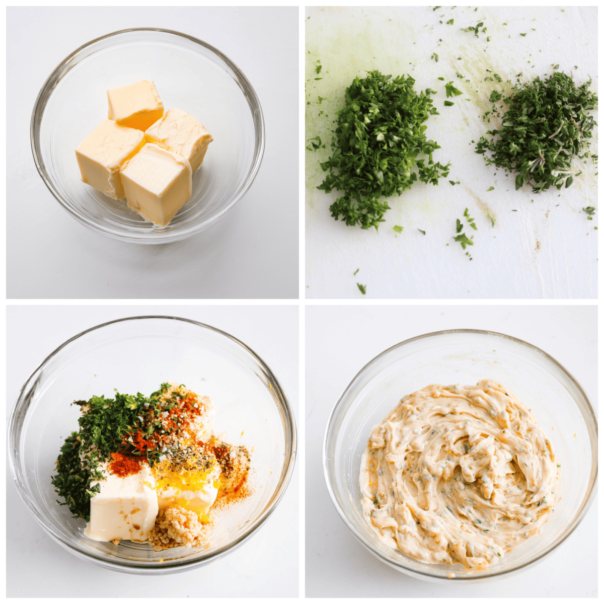 Anything smothered with this flavor-packed cowboy butter will satisfy your tastebuds! Soft butter mixed with garlic, shallot, fresh herbs, and seasonings that take your butter up a notch. Enjoy on top of meat, slathered on bread, or melted on a baked potato. First photo of softened butter in a bowl. Second photo of fresh herbs chopped. Third photo of the ingredients added to the bowl of butter. Fourth photo of cowboy butter mixed in a bowl.