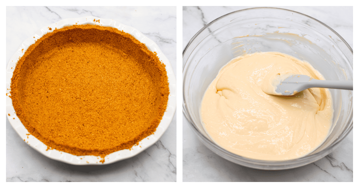 Experience pure dessert delight with this Cream Cheese Pie! A buttery graham cracker crust with a smooth cream cheese filling, and just a touch of lemon and vanilla. It's so easy and simply delicious. 2 pictures showing a pie crust and a bowl of pie pilling.