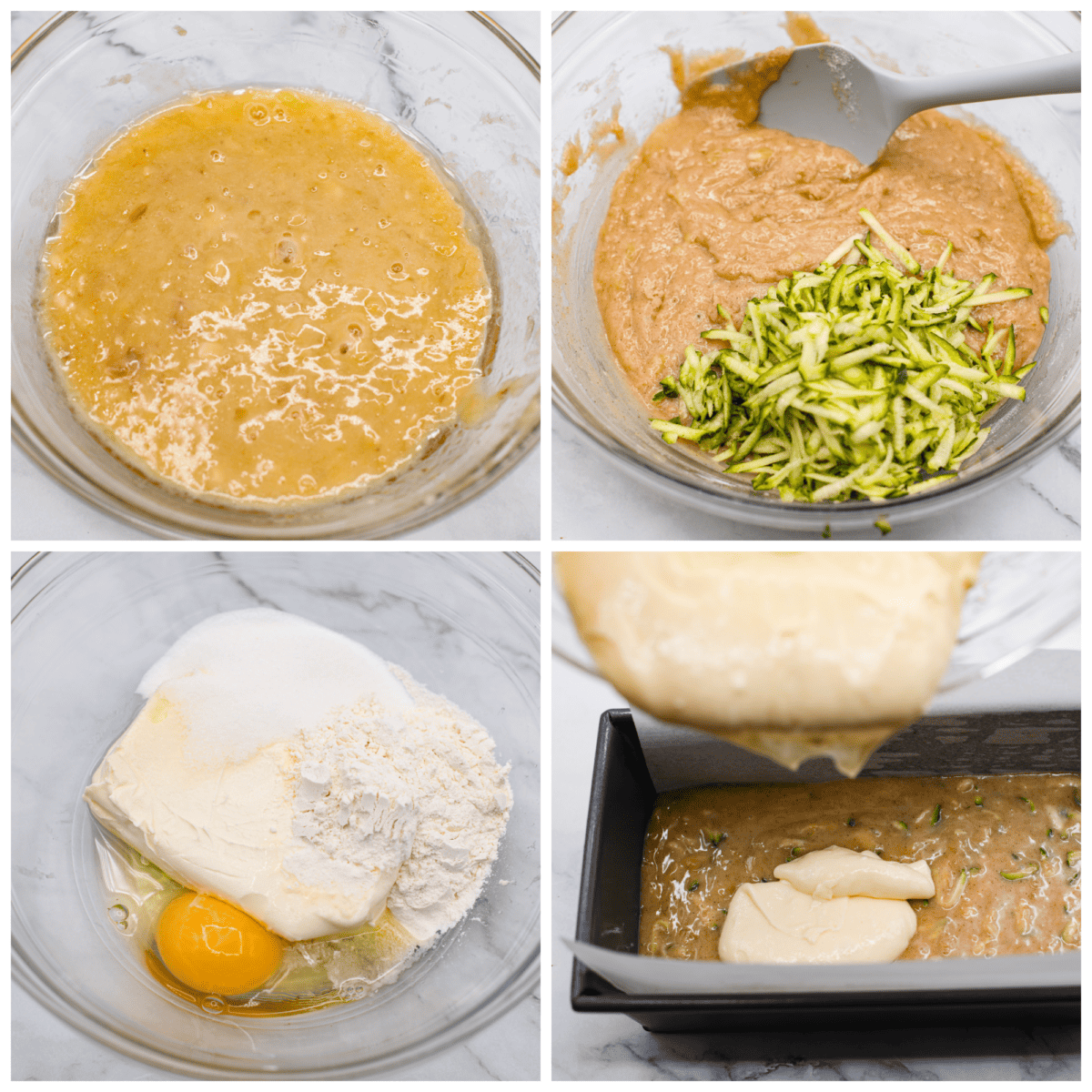 Overripe bananas and zucchini get used in this delicious and perfectly moist bread. The cream cheese swirl hidden inside is the best part! Enjoy a slice of cream cheese banana zucchini bread fresh out of the oven and thank me later. 4-photo collage of the batter and filling being prepared.