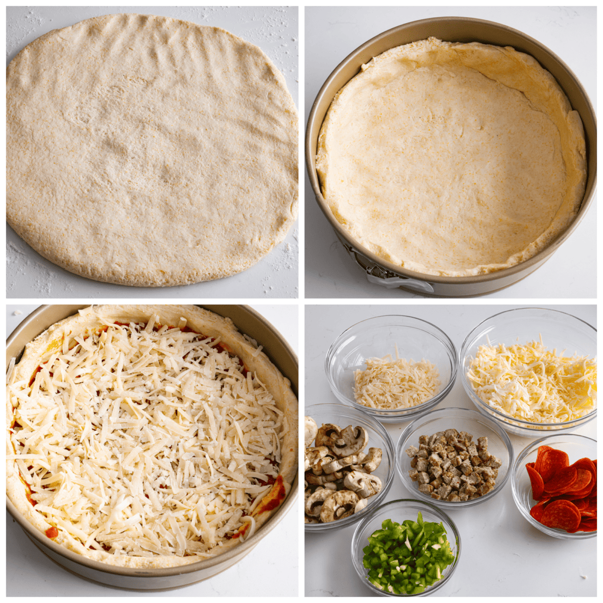 Authentic Chicago-style deep dish pizza! A thick, crispy and flaky crust topped with an easy homemade marinara sauce and shredded mozzarella cheese! It's comfort food at its finest and something the whole family will love. Collage of the pizza being prepared step-by-step.