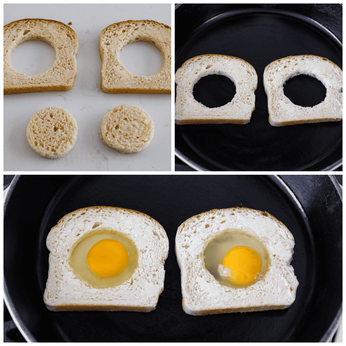The ultimate all-in-one breakfast, here is how you can make the best "egg in a hole!" This easy dish is all about that crispy, buttery toast hugging those perfectly fried eggs. It's the most simple and delicious way to start off your morning! 3-photo collage of the centers of the bread being cut out and filled with eggs.