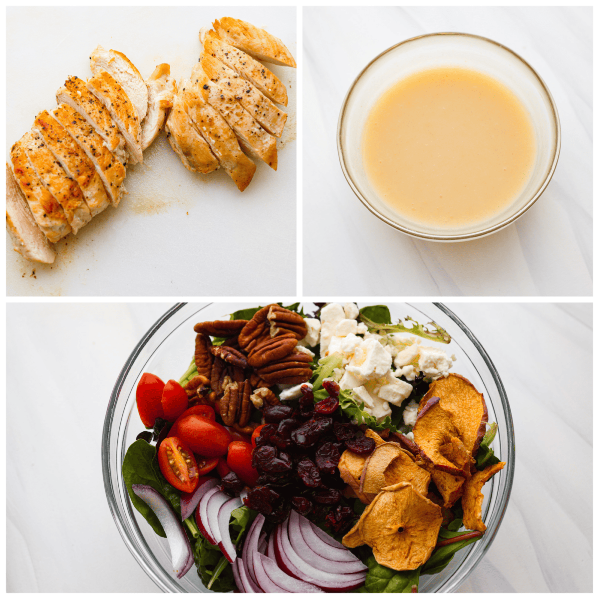 Spring greens get tossed with crisp apples, chicken, tomatoes, dried cranberries, crunchy pecans and feta cheese. This Panera Bread copycat Fuji apple chicken salad is a must-try! It's fresh, flavorful, and completely irresistible. 3-photo collage of the sliced chicken, dressing, and salad ingredients.