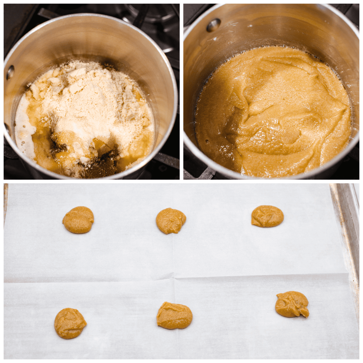 It doesn't get much better than crispy, caramelized cookies with a melted chocolate filling! These lace cookies are super easy to make and just what you need to satisfy your sweet tooth. 3-photo collage of cookie batter being mixed together and added to a parchment paper-lined baking sheet.