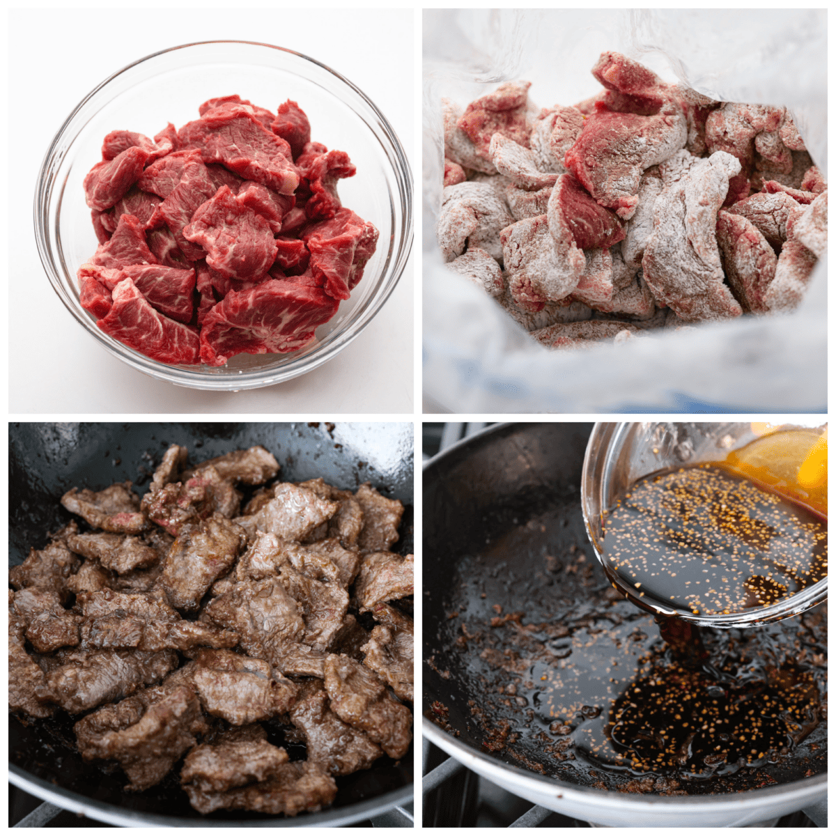This Mongolian beef is crazy tender with a crispy seared edge that gets coated in a bold sticky sauce. It's way better than P.F. Changs and so easy to make at home! 4-photo collage of beef being cooked and coated in a homemade sauce.