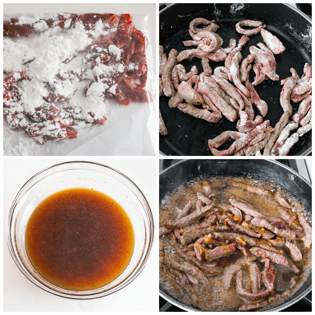 Crispy on the outside, tender on the inside beef strips coated in a tangy orange glaze. This orange beef recipe is the perfect weeknight dinner and sure to become a new family favorite! It may even rival your favorite takeout spot. 4-photo collage of the beef strips being coated with cornstarch and seared.