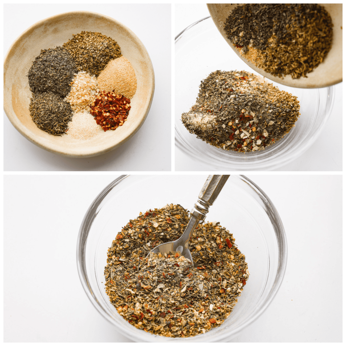 Add this homemade pizza seasoning to all of your favorite pizzas and watch them transform! It's the best blend of herbs, garlic, and red pepper flakes to make every bite a dream! Collage of herbs and spices being mixed together.