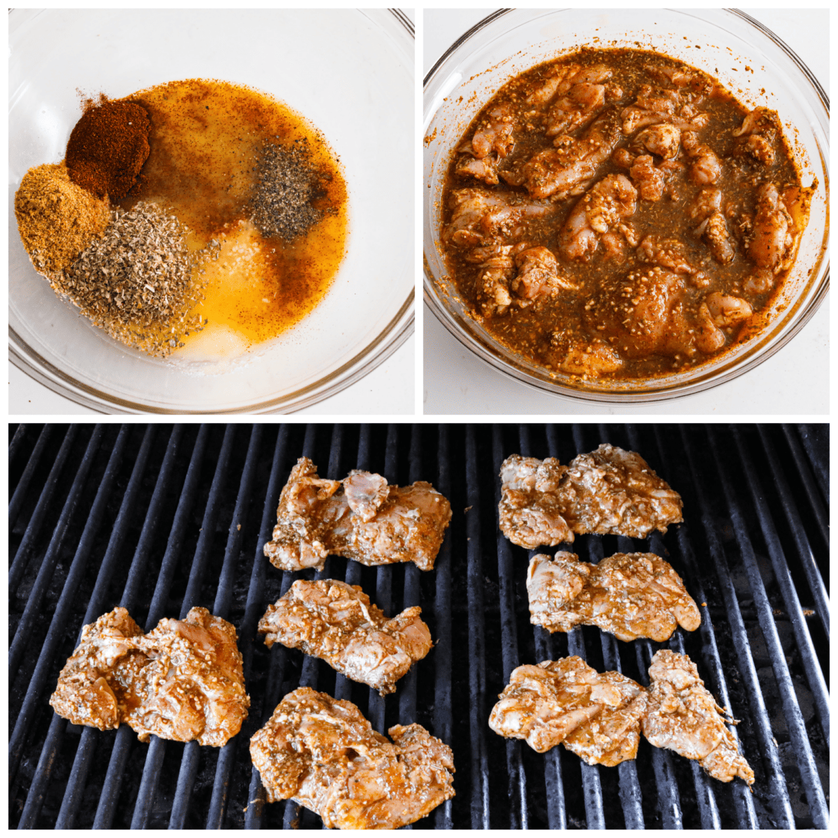 Mexican pollo asado is some of the juiciest, most flavorful grilled chicken you'll ever taste. Each chicken thigh is marinated in a mix of tangy lime, orange, and a blend of spices for some kick. You'll love each tender, flavor-packed bite! 3-photo collage of pollo asado being marinated and grilled.