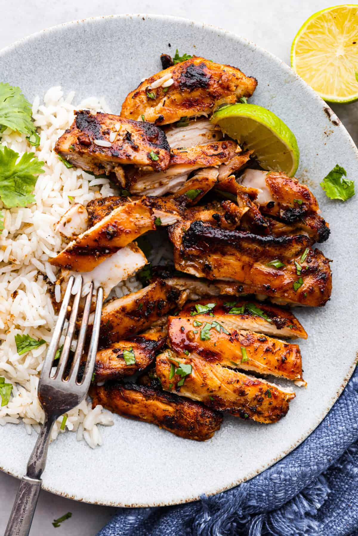 Mexican pollo asado is some of the juiciest, most flavorful grilled chicken you'll ever taste. Each chicken thigh is marinated in a mix of tangy lime, orange, and a blend of spices for some kick. You'll love each tender, flavor-packed bite! Chicken cut into slices and served with rice.
