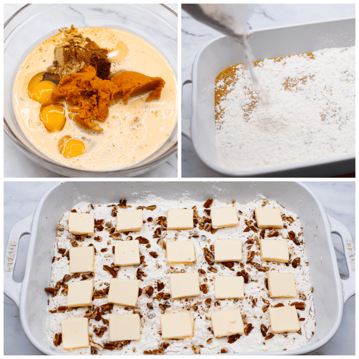 This pumpkin dump cake is a delicious fall favorite that combines the rich flavors of pumpkin, spices, and a cake mix. It's a mouthwatering treat that's incredibly easy to make! 3 pictures showing how to make pumpkin dump cake.