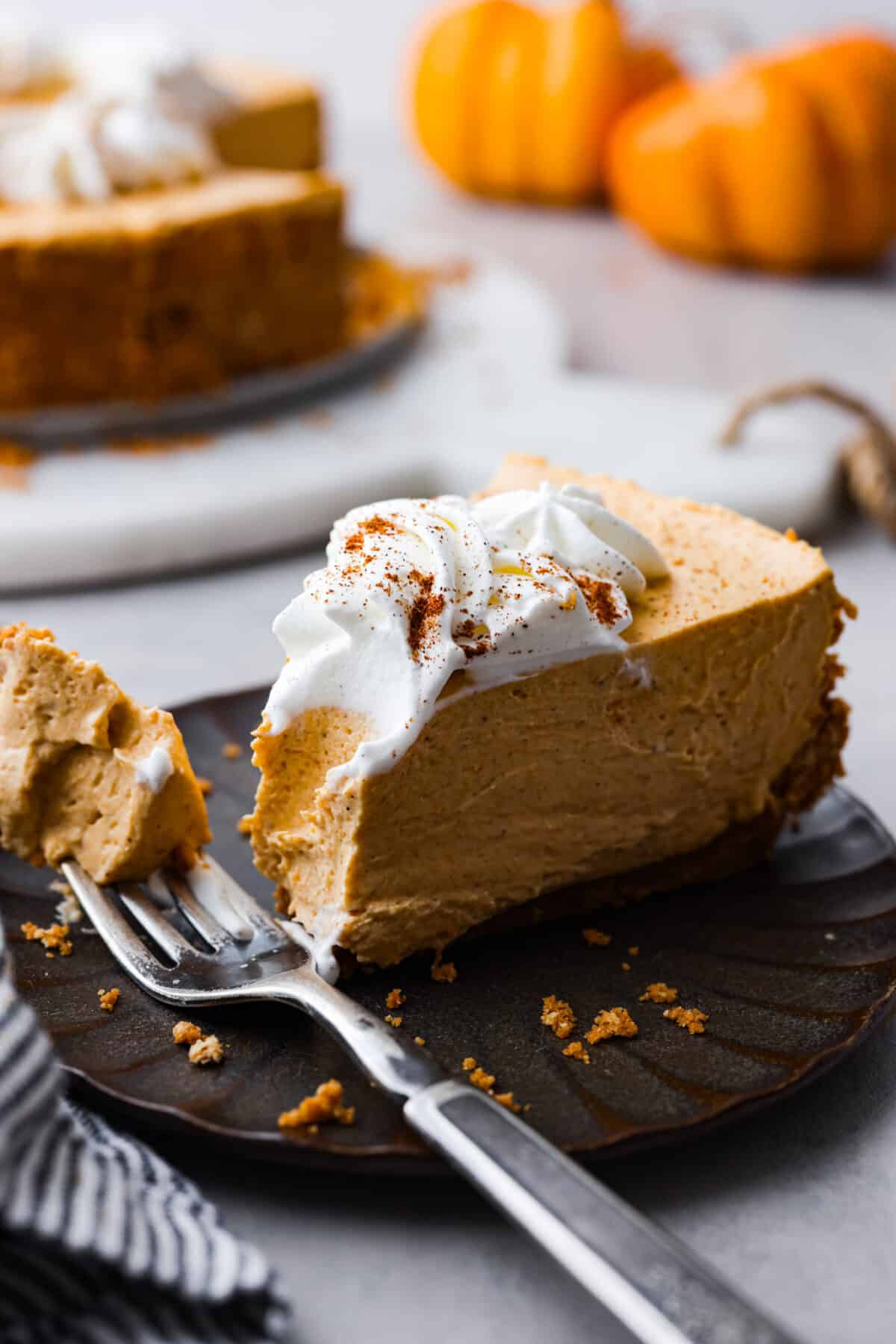 Delicious no-bake pumpkin cheesecake topped off with whipped cream is the perfect fall dessert. It has a creamy cheesecake filling with real pumpkin puree that sits in an irresistible Biscoff cookie crust.ย Itโs easy to make, rich and perfectly spiced! Close up shot of plated slice of no-bake pumpkin cheesecake.