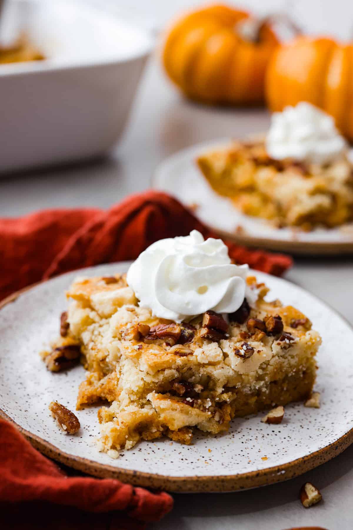 This pumpkin dump cake is a delicious fall favorite that combines the rich flavors of pumpkin, spices, and a cake mix. It's a mouthwatering treat that's incredibly easy to make! A plate with a slice of baked pumpkin dump cake with a dollop of whipped cream on top.