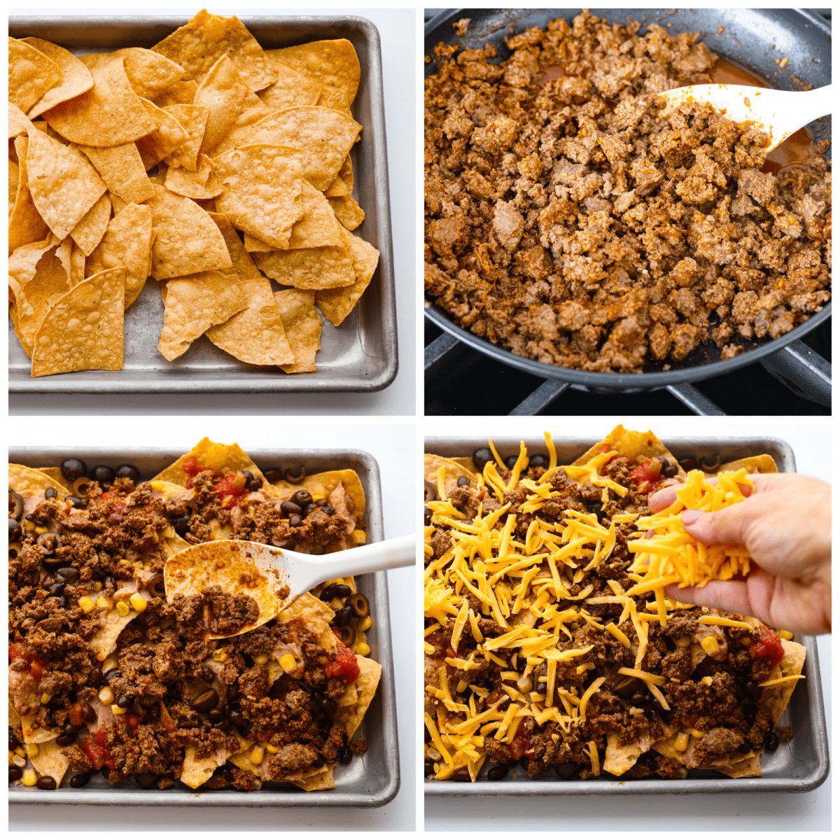 Oven Baked Sheet Pan Nachos are filled with a layer of chips, ground beef, refried beans, black olives, chopped tomatoes, corn, and cheese sprinkled over top, then baked to perfection. The possibilities are endless! 4 pictures showing how to make and assemble sheet pan nachos.