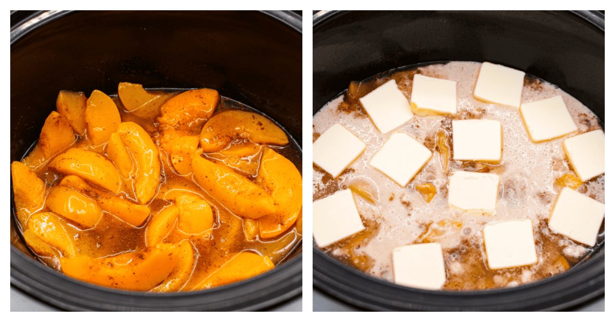This Slow Cooker Peach Cobbler is an easy dessert, perfect for those fresh summer peaches! It has a sweet biscuit topping and deliciously sweet peach filling underneath that is perfect when served with a scoop of vanilla ice cream. 2 pictures showing peach cobbler in a slow cooker, ready to be cooked.