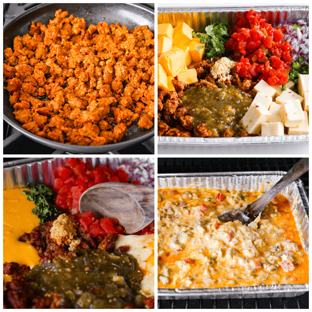 Bring this easy and flavorful smoked queso dip to your next party or game day! Add the cheeses chorizo, Rotel, cilantro, garlic, onion, and salsa verde all into the same pan, then let the Traeger do the rest. You'll love the hint of smokiness that enhances the Mexican flavors in this dip. First process photo of chorizo cooked in a skillet. Second process photo of the ingredients in a disposable aluminum pan. Third process photo of the dip being stirred. Fourth process photo of the finished dip mixed together.