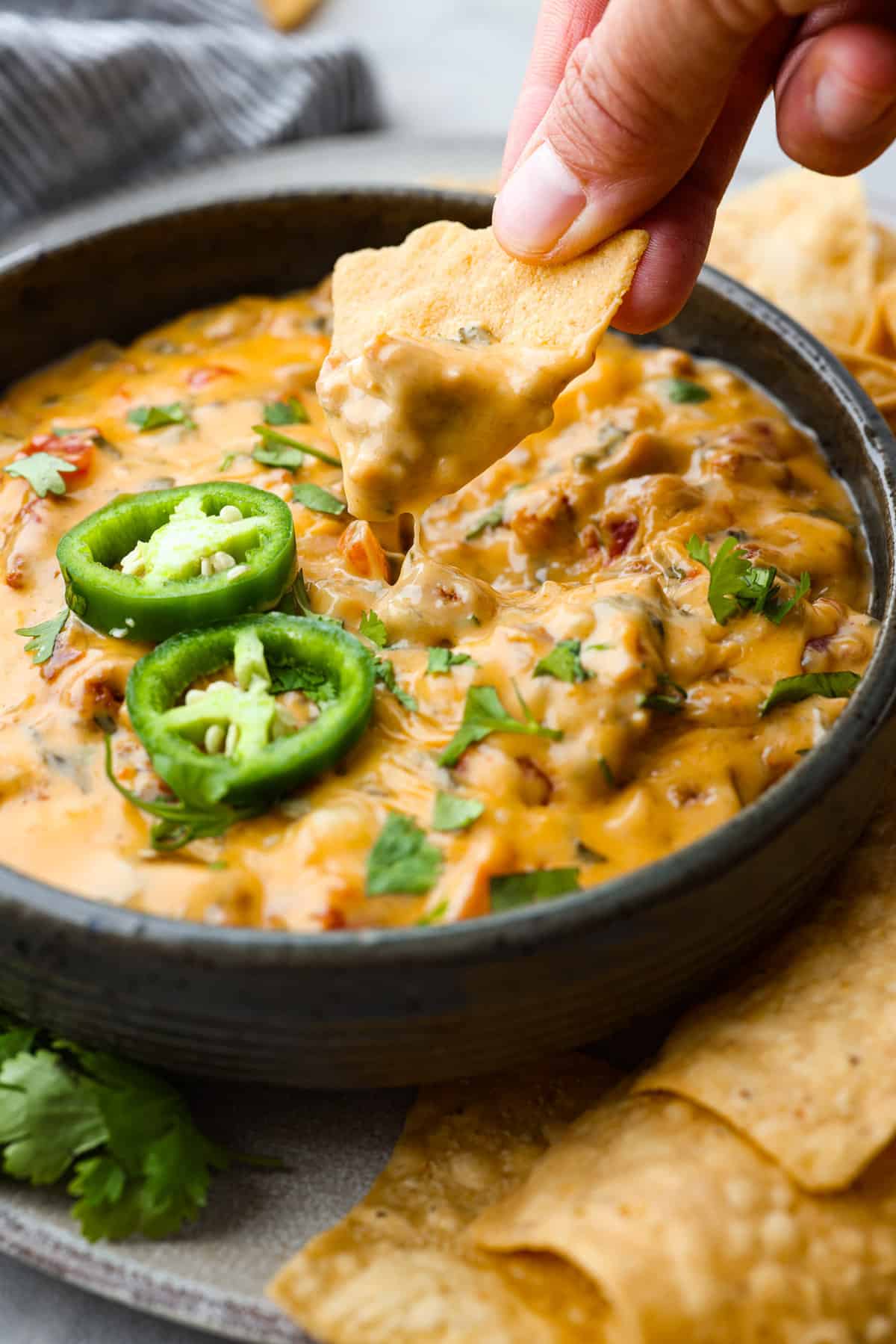 Bring this easy and flavorful smoked queso dip to your next party or game day! Add the cheeses chorizo, Rotel, cilantro, garlic, onion, and salsa verde all into the same pan, then let the Traeger do the rest. You'll love the hint of smokiness that enhances the Mexican flavors in this dip. Close view of smoked queso dip in a black bowl with a chip scooping up dip.