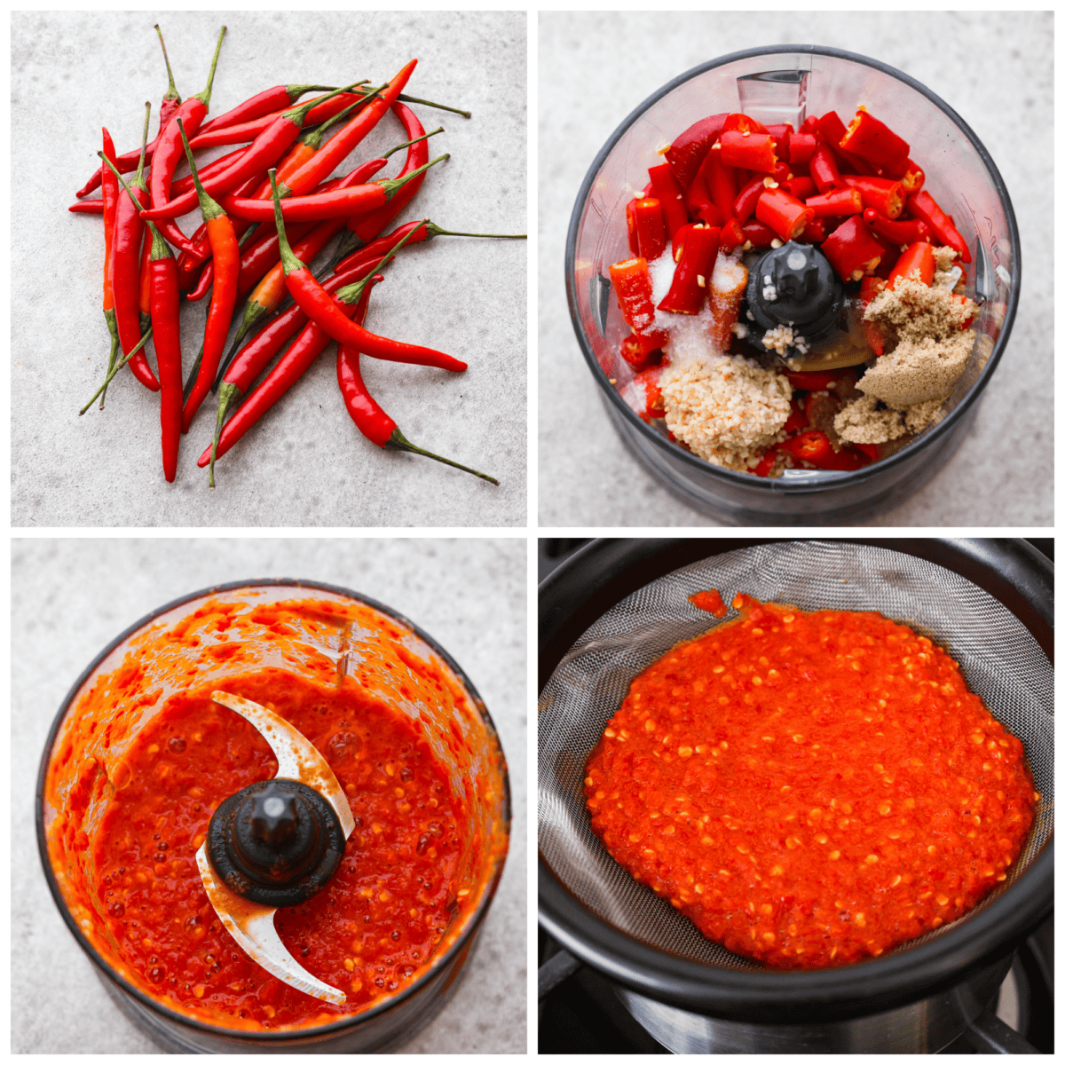 Sriracha sauce is a popular condiment that adds a burst of delicious spice to any dish. Try making it from scratch so it tastes just the way you like it! 4-photo collage of the sauce ingredients being blended together.