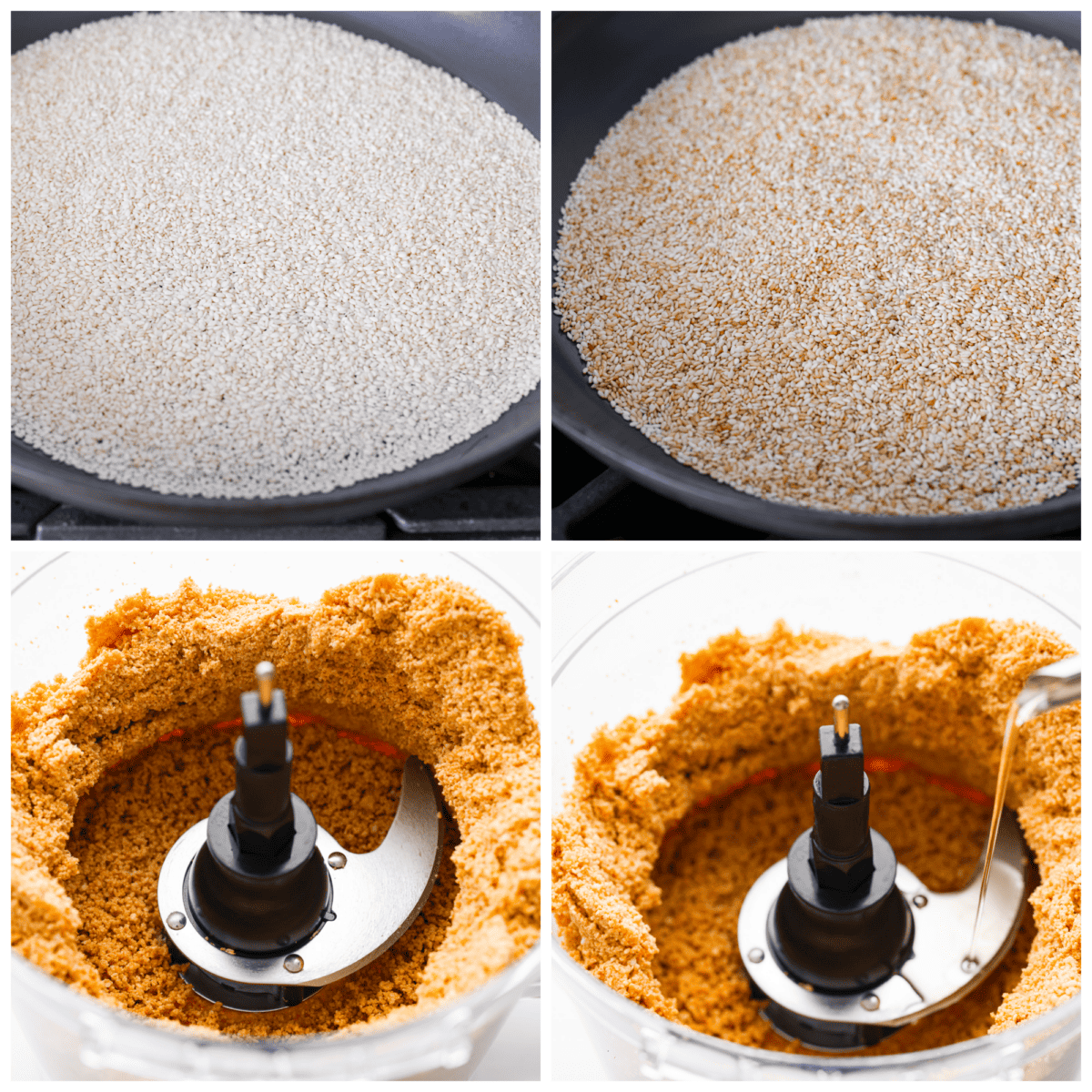 Make this easy tahini right at home with just sesame seeds and olive oil. This Middle Eastern condiment resembles the same texture as nut butter and is a staple ingredient used in sauces, savory dishes, and even desserts! First process shot of sesame seeds in a skillet. Second process shot of toasted sesame seeds in a skillet. Third process photo of sesame seeds ground in a food processor. Fourth process shot of oil being added to the food processor.