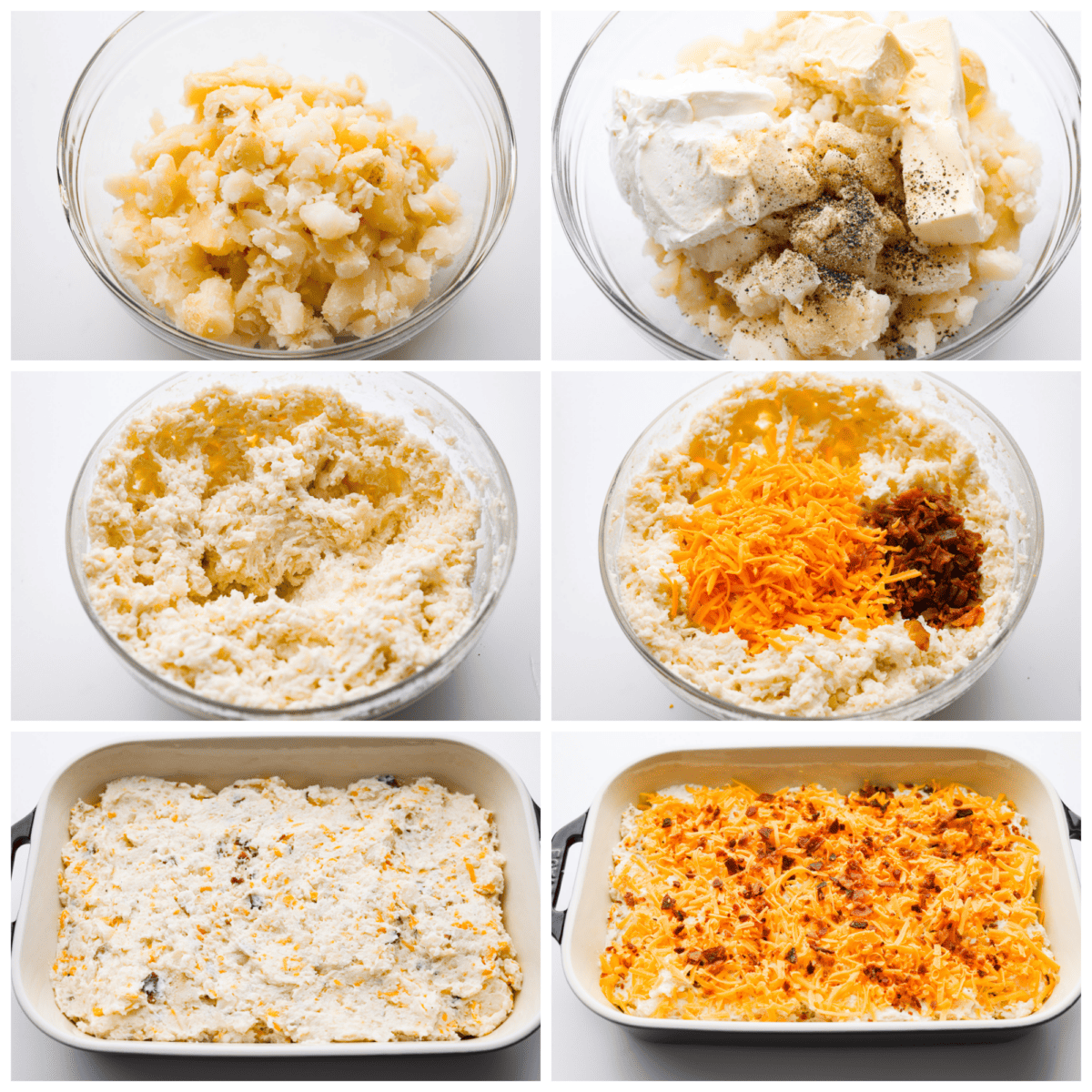 Introducing the BEST twice baked potato casserole you will ever make! Loaded with tender baked potatoes, bacon, and cheese then baked together in a delicious creamy casserole. First photo of baked potatoes peeled and placed in a bowl. Second photo of butter, sour cream, milk, and seasonings added to the bowl of potatoes. Third photo of the potato mixture combined. Fourth photo of cheese and bacon added to the potato mixture. Fifth photo of potatoes in casserole dish. Sixth photo of cheese and bacon sprinkled on top before baking.