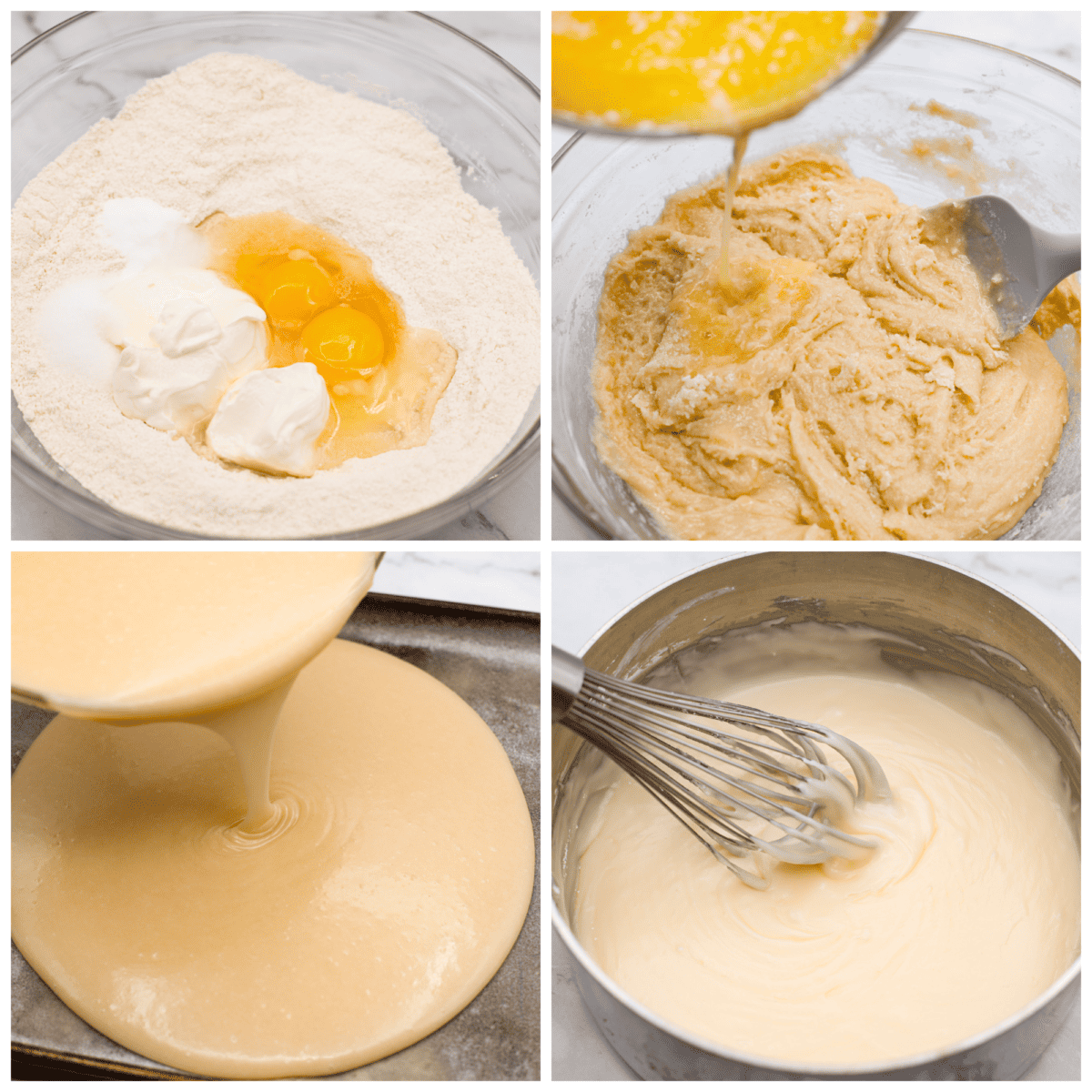 Not only does this white Texas sheet cake feed a crowd, but it's always a hit with its buttery, almond flavor. Topped off with a smooth layer of buttercream frosting, you'll be going back for slice after slice! 4-photo collage of the batter being prepared.