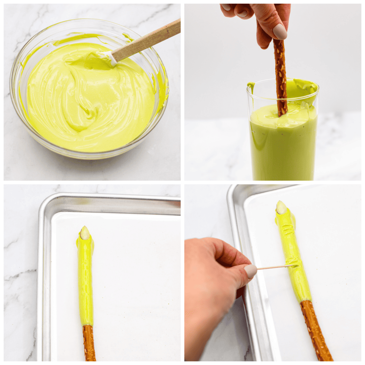 Get ready for a spooky Halloween delight with these Witch Fingers! A classic twist on pretzel rods, this bewitching treat is dipped in green candy melts and decorated with almond nails and knuckles. It makes for a fun and easy treat that's perfect for the season. A collage of 4 pictures showing how to dip the pretzel rod in the candy melt and decorate them.