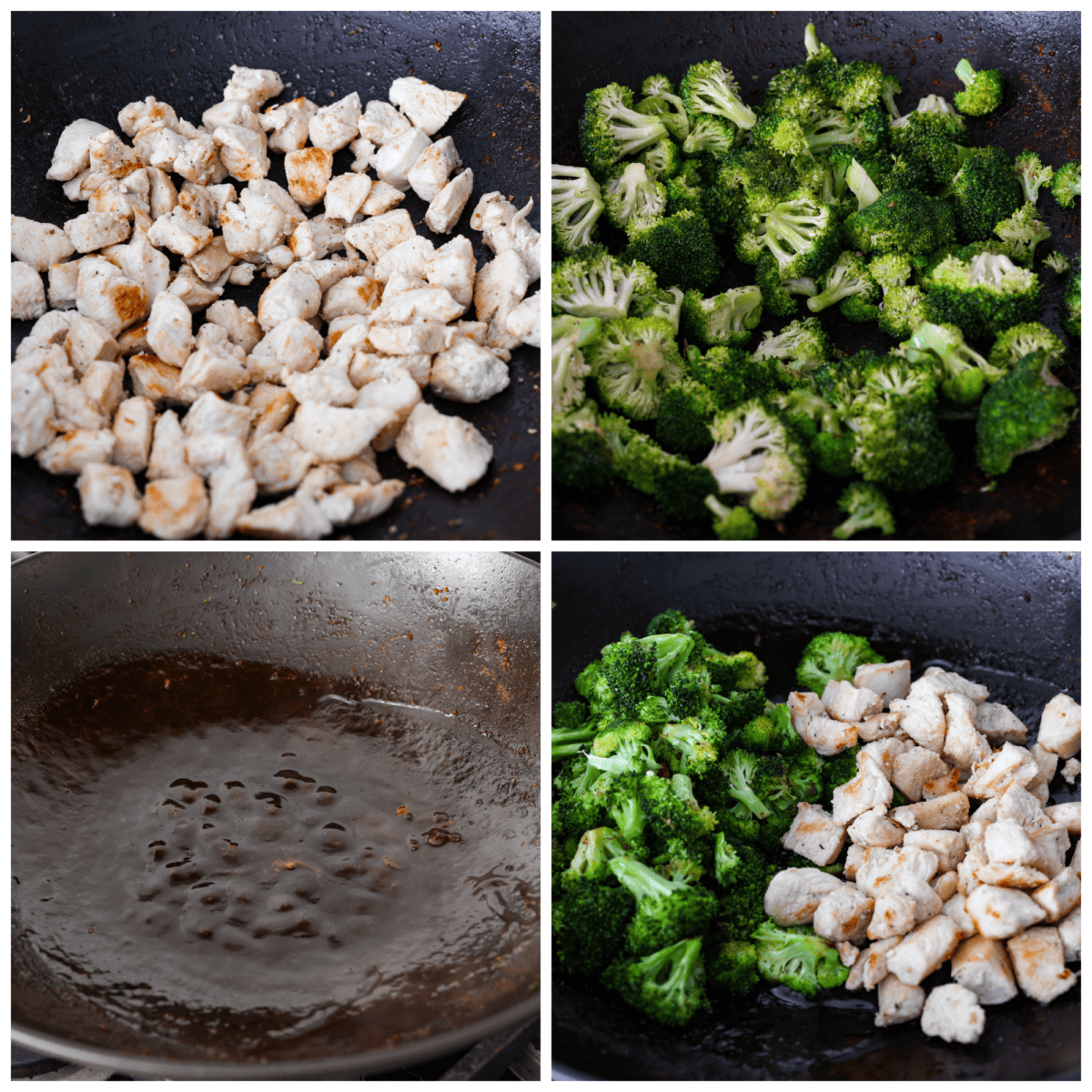 This flavorful Chinese Chicken and Broccoli dish is made in just one pan and is ready in less than 30 minutes!ย Small pieces of tender chicken and broccoli florets are cooked in an irresistible sweet and savory sauce. Serve over rice with a sprinkle of sesame seeds and red pepper flakes for an amazing meal! 4-photo collage of the chicken, vegetables, and sauce being prepared.