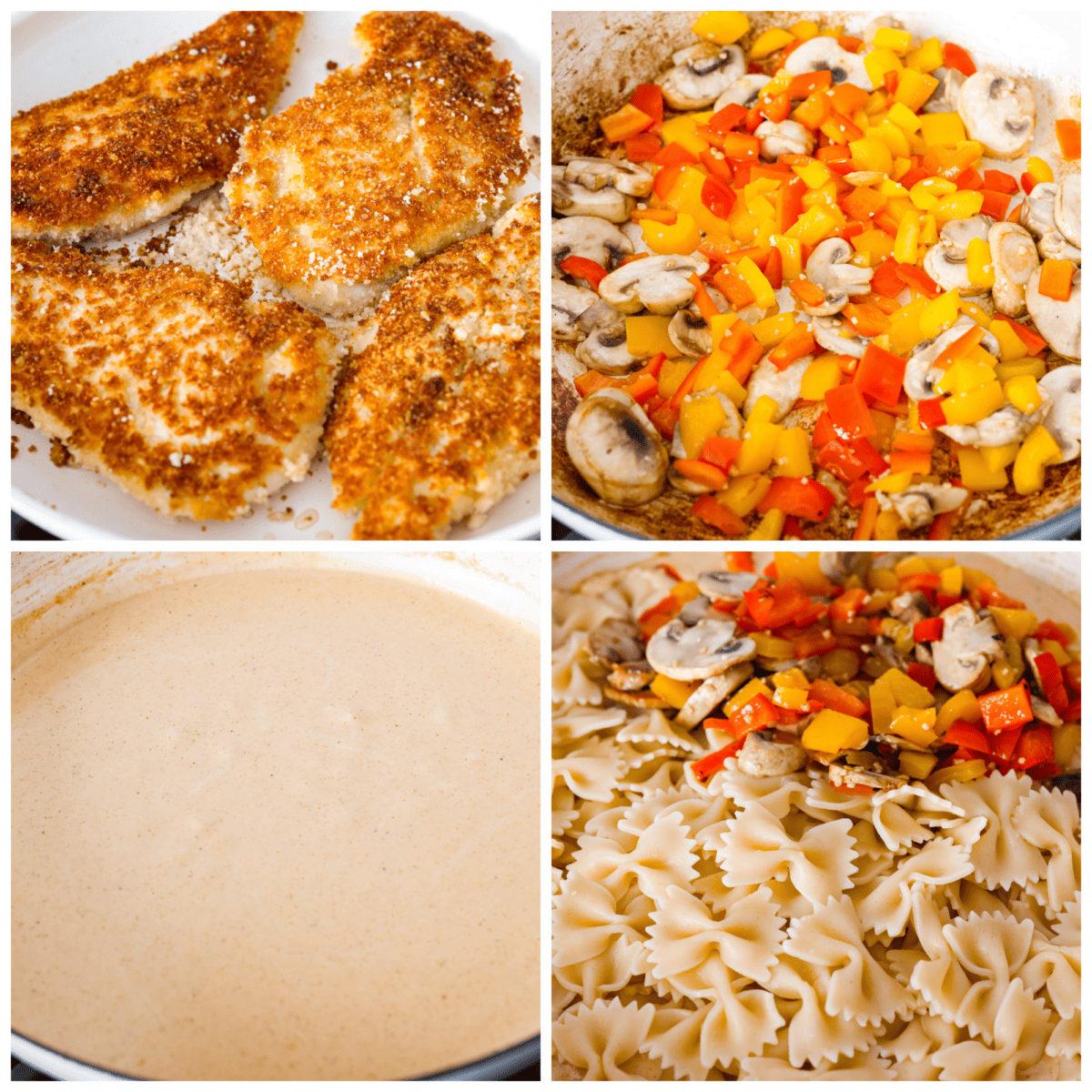 Breaded, crispy chicken cutlets and a creamy Cajun sauce come together in this AMAZING Louisiana chicken pasta recipe. Inspired by Cheesecake Factory, you're going to love making this at home! 4-photo collage of the chicken, sauteed veggies, sauce, and pasta all being combined.