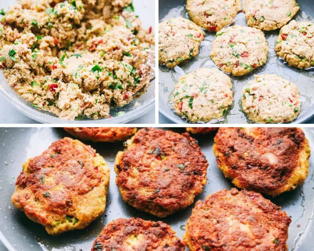 Salmon Croquettes are pan fried and packed with so many great flavors. These make a quick and easy weeknight meal and areย delicious with aย tartarย sauce!ย A collage of the prepping process of the croquettes before and after cooking.