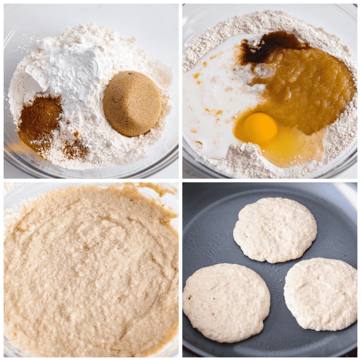 Fluffy applesauce pancakes are easy and delicious with a hint of brown sugar and cinnamon for a cozy fall flavor. The addition of applesauce gives these homemade pancakes the perfect texture. These will quickly become your favorite fall breakfast! First photo of dry ingredients in a bowl. Second photo of wet ingredients added to the dry ingredients. Third photo of applesauce pancake batter in a bowl. Fourth photo of applesauce pancakes cooking in a skillet.